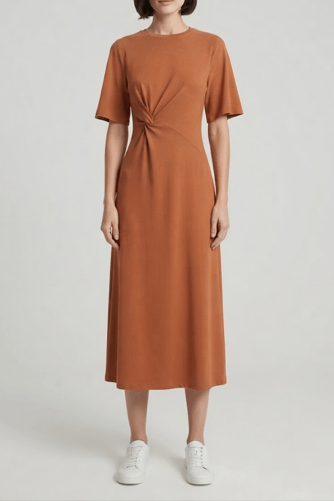 Vestido Lunender Midi Feminino Recorte C0065 Marrom