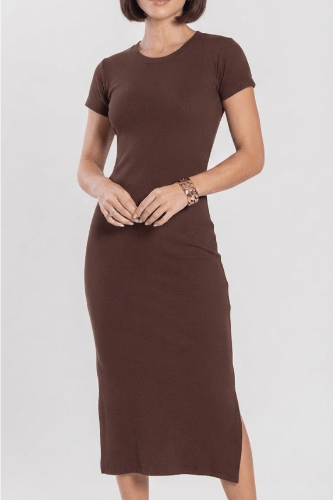 Vestido Longo Midi Malha Ribana Premium Bari Feminino 6059 Marrom