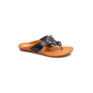 Chinelo Rasteira Feminino Flores Strass Meyre 384 Preto