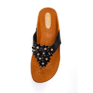 Chinelo Rasteira Feminino Flores Strass Meyre 384 Preto