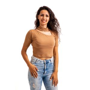 Blusa Lzt Yurian Feminina Decote Vazado Manga Curta 8052 Caramelo