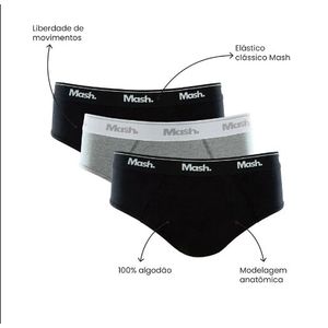 Kit Com 3 Cuecas Mash  Slip Masculino Basic 010.04 Preto