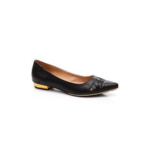 Sapatilha Dina Mirtz Couro Feminina Detalhe Dourado 720 Preto