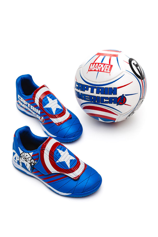 Kit Dray Chuteira Bola Futsal Infantil Menino Marvel Capitão