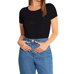 Blusa Lunender Básica Manga Curta Em Malha Com Lapela Feminina 00354 Preto