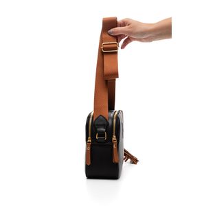 Bolsa Rhara Transversal Feminina Em Couro Legítimo E Gorgurão 955c Preto