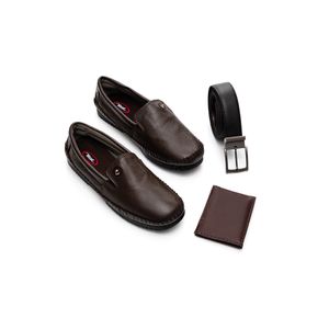 Kit West Line Mocassim, Carteira E Cinto Masculino Couro 1700 Marrom