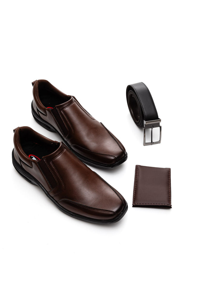 Kit  West Line Sapato Social Cinto Carteira Masculino  5008 Castanho