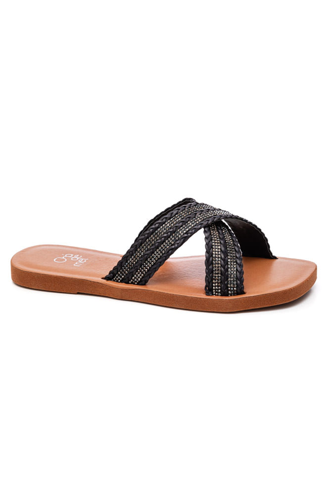 Chinelo Chá De Mel Rasteira Feminina Strass Trança Lc9003 Preto