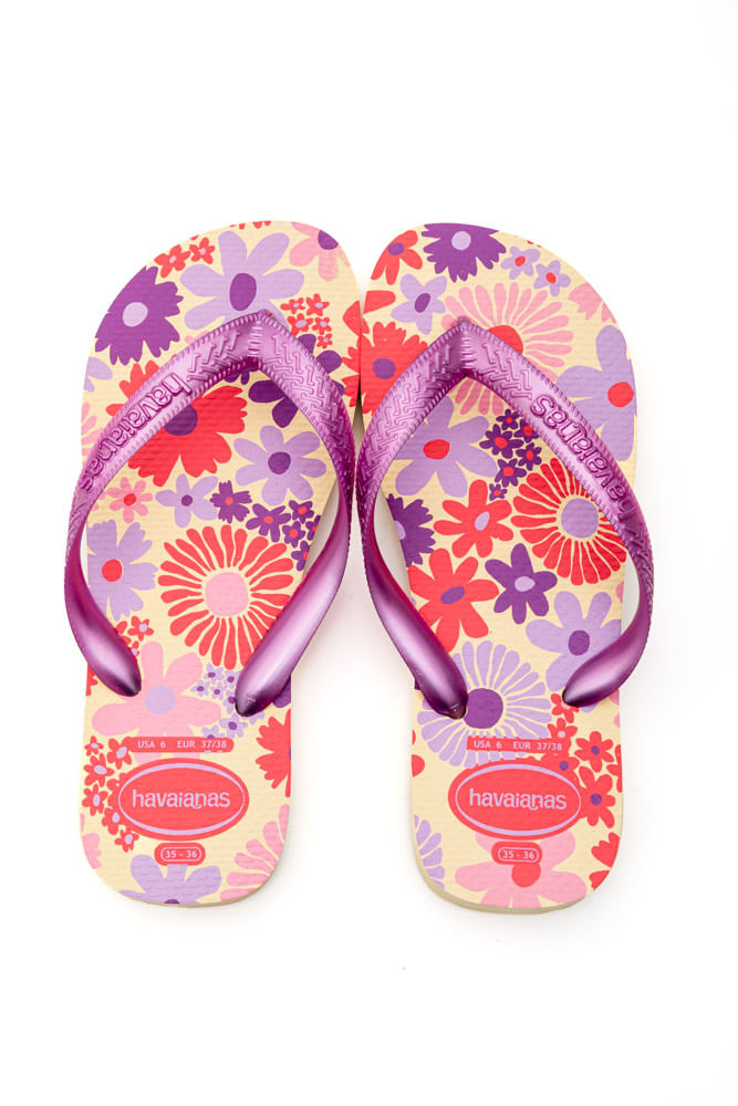 Chinelo-Havaianas-Flores-Juvenil-Menina-Tiras-Metalicas-Bege