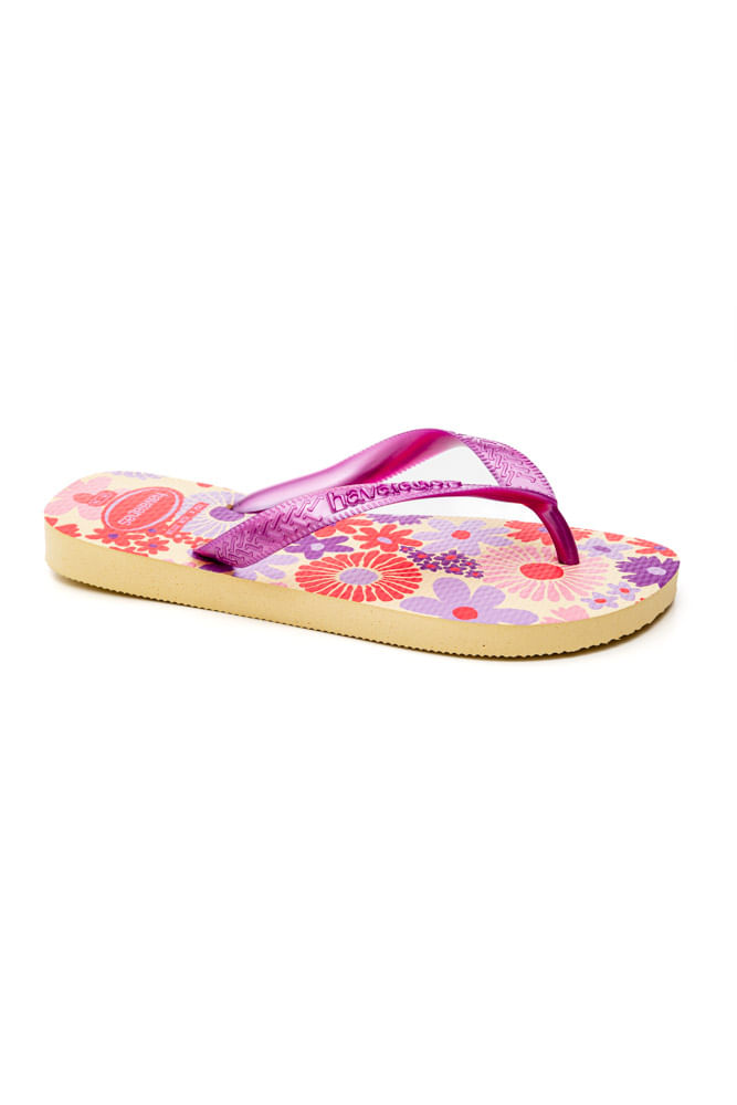 Chinelo-Havaianas-Flores-Juvenil-Menina-Tiras-Metalicas-Bege