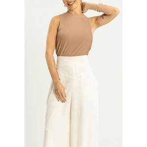 Blusa Cropped Lunender Básica Gola Alta Canelada 00411 Bege