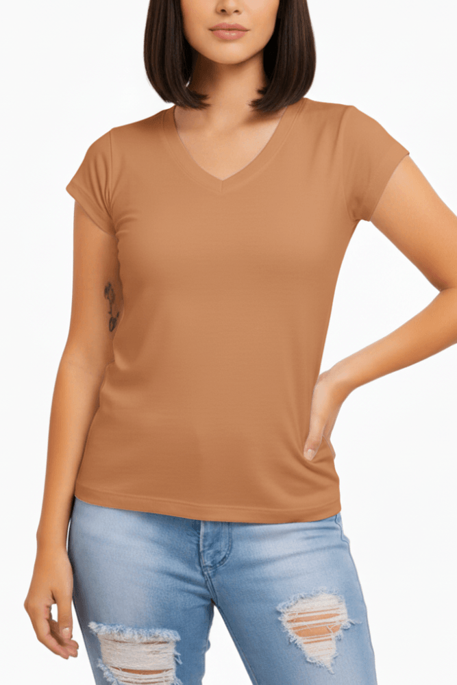 Blusa Chá De Mel Em Malha Feminina Manga Curta 573 Caramelo