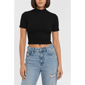 Blusa Cropped Cha De Mel 24128 Ribana Com Gola Preto