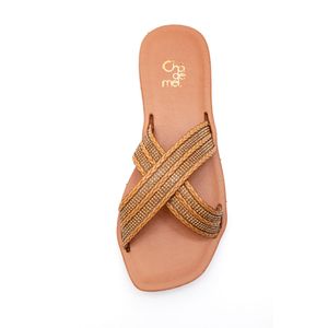 Chinelo Chá De Mel Rasteira Feminina Strass Trança Lc9003 Caramelo