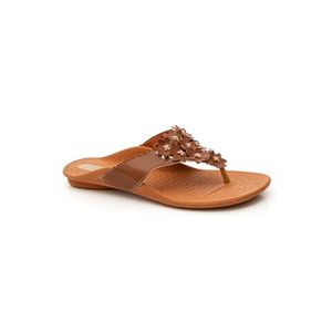 Chinelo Meyre T-Strap Feminino Bordado De Flores 384 Caramelo