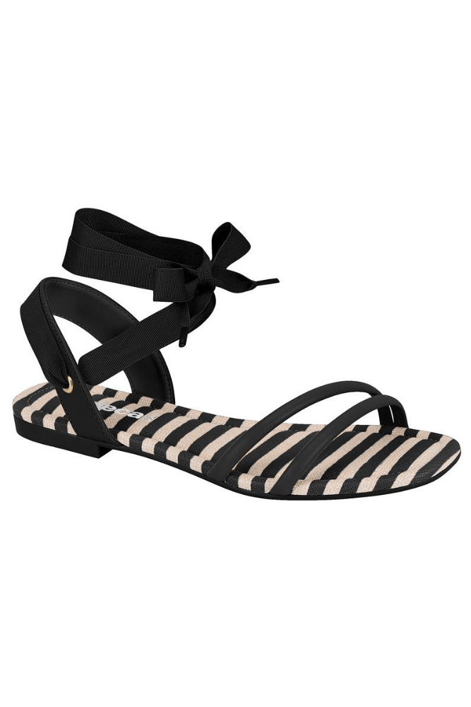 Sandália Moleca Rasteira Feminina Conforto Listras 5435.655 Preto
