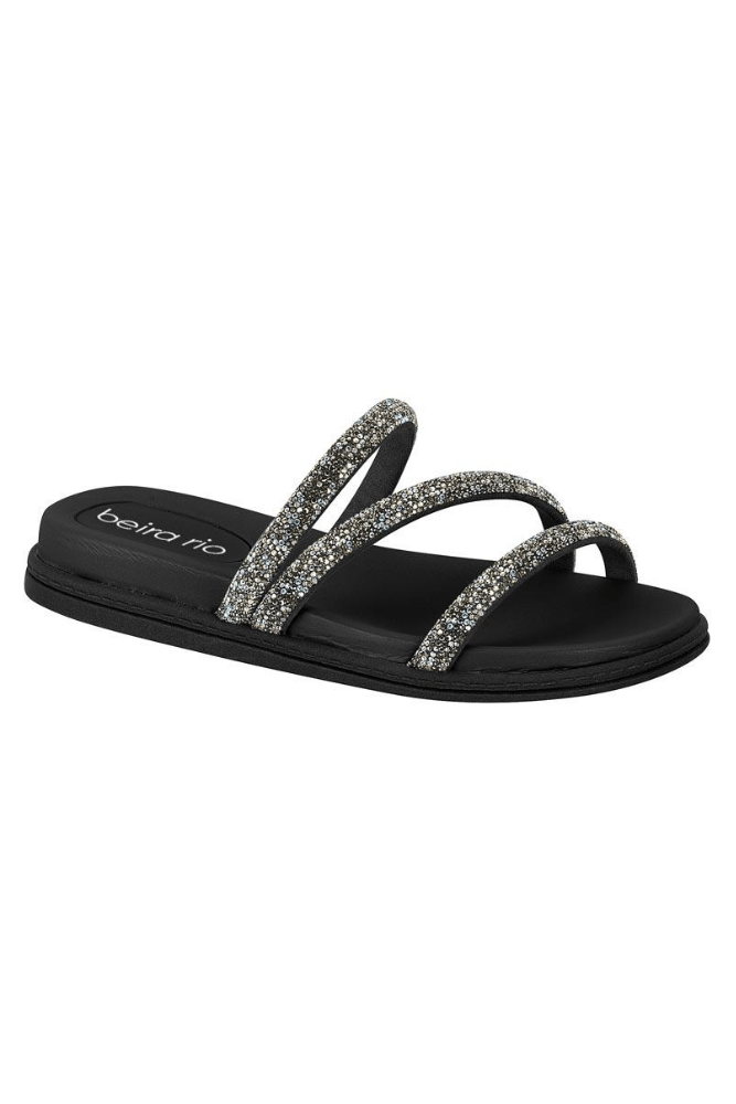 Chinelo Beira Rio Rasteira Feminina  Multi Tiras Strass 8488.108 Preto
