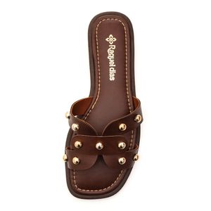 Chinelo Raquel Dias Rasteiro Feminino Apliques Metálicos 951921 Marrom