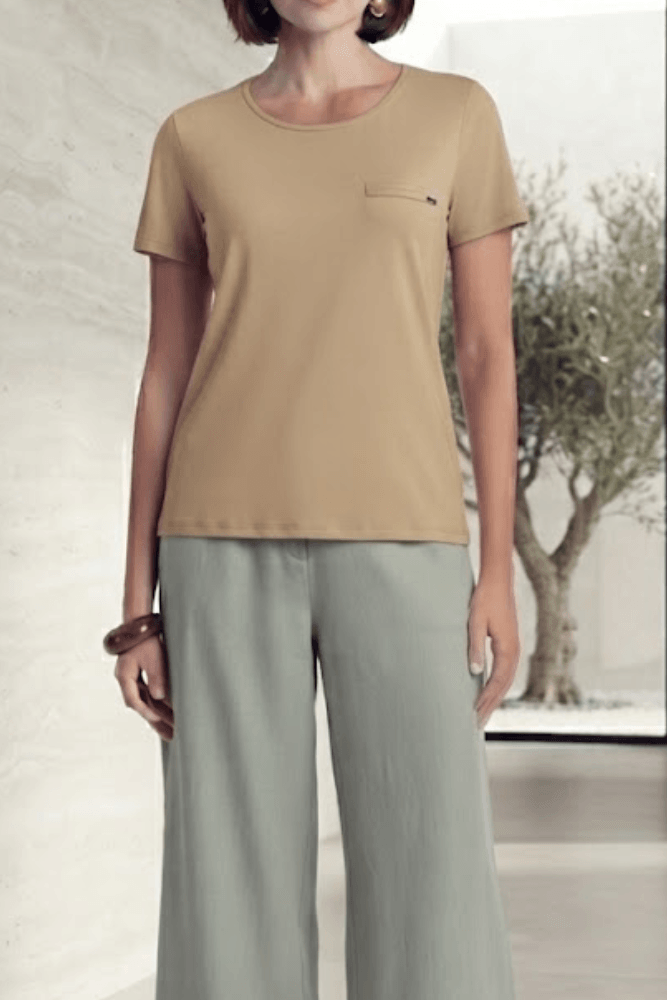 Blusa Lunender Básica Feminina Manga Curta Com Lapela 00354 Bege